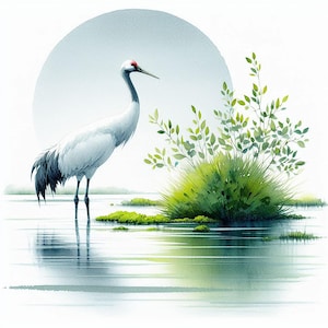 May include: Watercolor painting of a crane standing in water, with a backdrop of a soft, pale blue circle. The crane has white feathers, black wingtips, and a red crown. Green foliage and mossy patches add color.