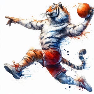 May include: A watercolour illustration of a tiger playing basketball. The tiger is wearing red shorts and trainers, holding a basketball. The tiger is jumping with its arm extended. The background is white with colourful paint splatters.