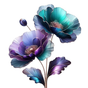 Könnte beinhalten: Eine künstlerische Darstellung von zwei großen, stilisierten Blumen in Türkis, Lila und Blau mit goldenen Konturen. Die Blütenblätter haben ein zartes, geschichtetes Aussehen, und die Zentren sind warmbraun. Das Bild enthält eine Knospe und Blätter.