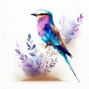 May include: A watercolour painting of a vibrant bird, featuring blue, purple, pink, and brown plumage. The bird is perched on a branch with purple leaves and gold accents, set against a white backdrop. The artwork has a soft, artistic style.