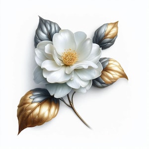 May include: A detailed illustration of a white flower with a yellow center and multiple petals. The leaves are a combination of gold and silver, with a stem that is a light brown color. The background is white.