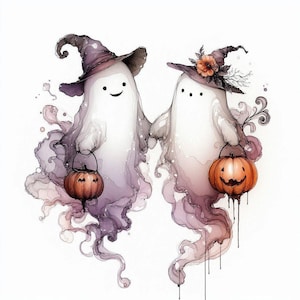 May include: Two white ghosts with soft purple watercolor edges, each wearing a dark purple witch hat. The left ghost has a simple smiling face, and the right ghost has a three-dot face and a small orange flower on its hat. Both hold orange jack-o'-lantern buckets.