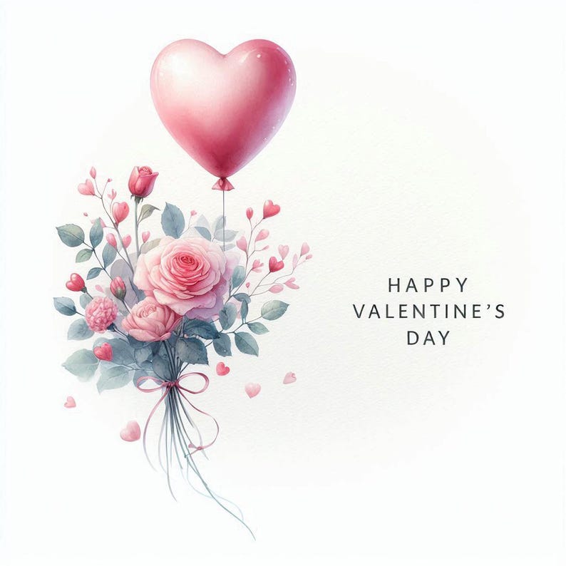 20 Watercolor Valentine's Day Clipart: Pink Roses and Heart Balloons ...