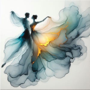 May include: Abstract painting of a dancing couple in flowing gowns. The artwork features a man and woman in silhouette, with their forms created by swirling teal, gold, and white colors. The painting evokes a sense of movement and grace.