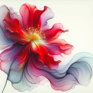 Peut inclure: Une œuvre florale abstraite vibrante. Elle présente une grande fleur aux pétales superposés dans des tons de rouge, de rose et de violet. Le centre est jaune vif avec des accents dorés. Le fond est blanc doux.