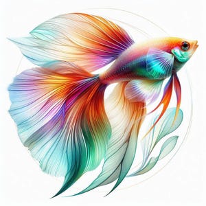 Könnte beinhalten: Eine Illustration eines Kampffisches mit langen, fließenden Flossen in einem Farbverlauf aus Orange, Violett, Blau und Türkis. Der Fisch hat ein detailliertes Auge und zarte, durchscheinende Flossenstrukturen, die sich kreisförmig ausbreiten.