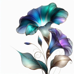 Puede incluir: Ilustración artística de flores de gloria de la mañana en tonos de azul, verde azulado y morado. Los pétalos tienen una calidad translúcida con contornos dorados, y las hojas son una mezcla de verde azulado y marrón. El fondo es blanco.
