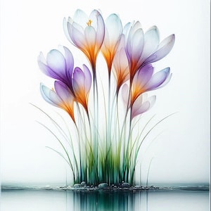 Könnte beinhalten: Digitaldruck von Krokusblumen. Die Blumen haben durchscheinende Blütenblätter in den Farbtönen Lila, Weiß und Orange. Grüne, grasartige Stiele und Halme umgeben die Blumen. Das Bild hat einen weißen Hintergrund mit einer Reflexion der Blumen im Wasser.