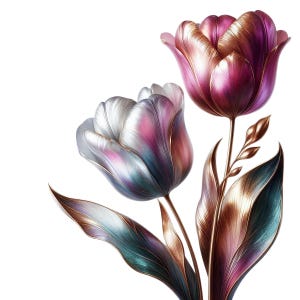 May include: Two stylized tulip flowers with metallic accents. One tulip is a gradient of silver, pink, and teal, while the other is a deep purple with gold highlights. The leaves and stems have gold and teal tones.