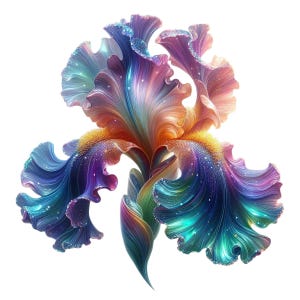 May include: A vibrant, digitally rendered iris flower with a spectrum of colors. The petals transition from deep blues and purples to oranges and yellows, with sparkling accents. The flower is set against a clean white background.