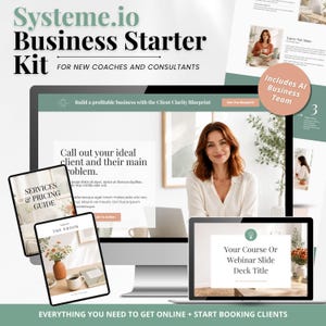 Könnte beinhalten: Ein Systeme.io Business Starter Kit für neue Coaches und Berater, bestehend aus einem Computermonitor und Tablets, die digitale Vorlagen, einen Service- und Preisleitfaden, ein E-Book-Cover sowie einen Folien-Titel in Grüntönen zeigen.