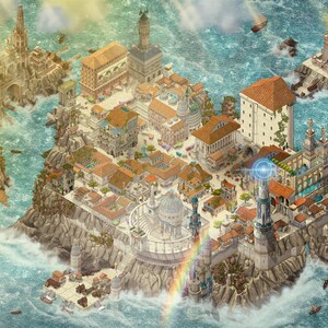 Könnte beinhalten: Eine isometrische digitale Illustration einer Küstenstadt, die auf felsigen Klippen erbaut und von blauem Meerwasser umgeben ist. Die Stadt zeigt klassische Architektur, Gebäude mit Terrakottadächern, eine zentrale Kuppel und einen Regenbogen.