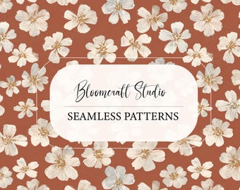 Rust Floral Seamless Pattern Bundle, Autumn Flower Digital Paper, Cottagecore Botanical Print, Fall Fabric & Wallpaper Design