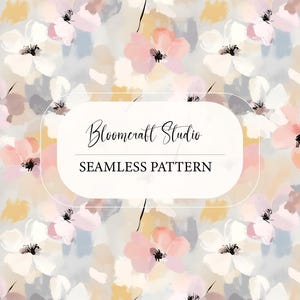 May include: Seamless floral pattern with watercolor-style flowers in shades of pink, white, and yellow on a light gray background. The text "Bloomcraft Studio" and "Seamless Pattern" are displayed on the image.