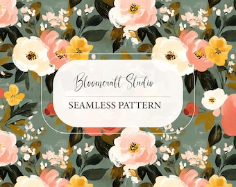 Seamless Floral Pattern Sage Green | Painted Botanical Digital Paper | Romantic Repeating Design for Fabric, POD & Decor