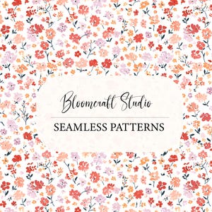 May include: A floral pattern featuring small, colorful flowers in shades of red, pink, and orange on a white background. The design includes the text "Bloomcraft Studio" and "SEAMLESS PATTERNS" in a white oval.