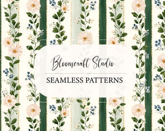 Vintage Floral Stripe Seamless Pattern, Cottagecore Botanical Wallpaper, Hand Painted Flower Fabric, French Country Design