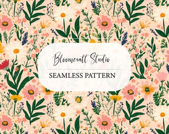Seamless Wildflower Floral Pattern, Boho Meadow Botanical Design, Pink Peach Daisy Flowers, Fabric Wallpaper, Digital Paper