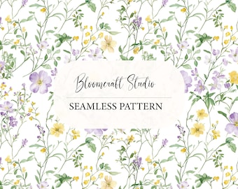 Watercolor Wildflower Seamless Pattern, Meadow Floral Botanical Digital Paper, Yellow & Purple Flowers on White
