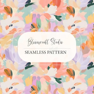 May include: Seamless pattern with an abstract floral design in shades of orange, pink, purple, green, and yellow. The text "Bloomcraft Studio" and "SEAMLESS PATTERN" are displayed on a white oval.