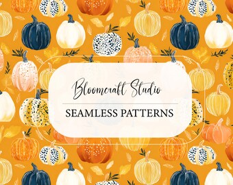 Watercolor Pumpkin Seamless Pattern, Autumn Harvest Gourds, Halloween Fabric Print, Fall Digital Paper, Thanksgiving Design