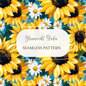 Könnte beinhalten: Nahtloses Muster mit leuchtend gelben Sonnenblumen und weißen Gänseblümchen auf türkisfarbenem Hintergrund. Das Design enthält den Text "Bloomcraft Studio" und "Seamless Pattern" in einem weißen Oval.