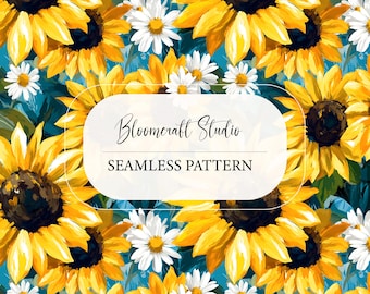 Sunflower Seamless Pattern with White Daisies, Hand Painted Floral Repeat, Summer Botanical Design for Fabric, Wallpaper