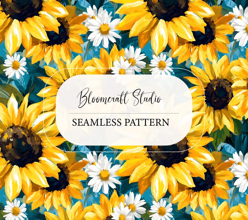 May include: Seamless pattern featuring bright yellow sunflowers and white daisies on a teal background. The design includes the text "Bloomcraft Studio" and "Seamless Pattern" in a white oval.