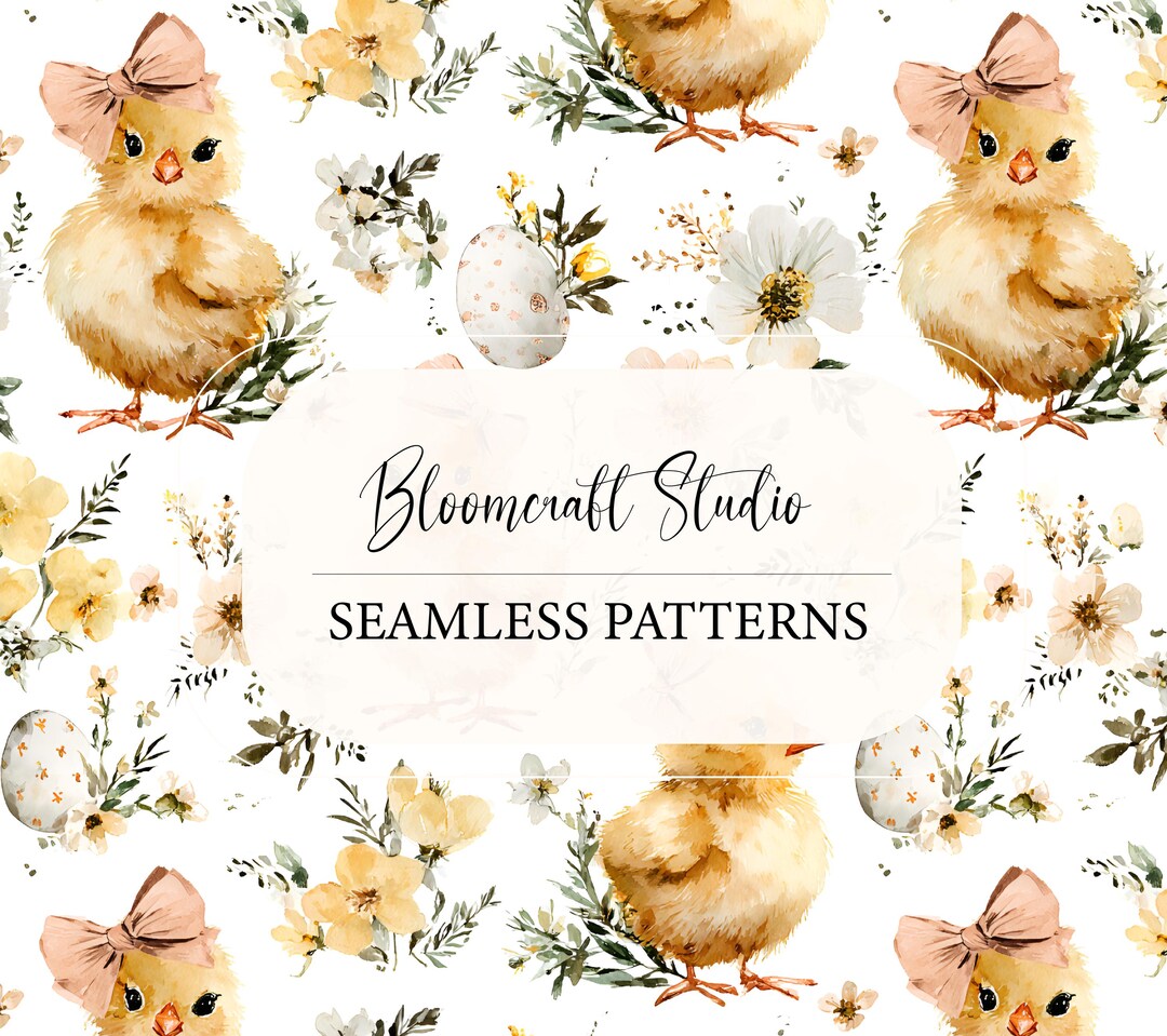 Easter Chick Seamless Pattern With Bow, Watercolor Baby Chicken Floral ...