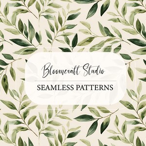 May include: A seamless pattern design with green watercolour leaves and branches on a cream background. The text "Bloomcraft Studio" and "Seamless Patterns" are displayed in a white rounded rectangle.