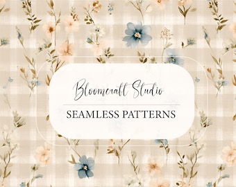 Floral Gingham Seamless Pattern Watercolor Cottagecore Digital Paper Vintage Flowers Soft Pastel Fabric Background