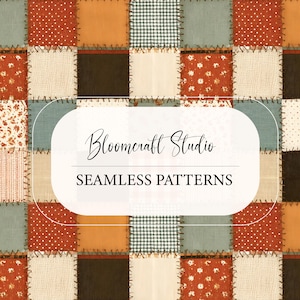 May include: A patchwork fabric pattern featuring a grid of squares in shades of orange, brown, cream, and sage green. The squares display various prints including polka dots, gingham, and floral motifs, all joined by visible dark brown zigzag stitching.