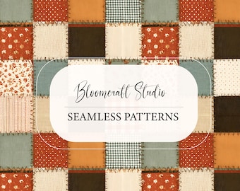 Autumn Patchwork Seamless Pattern, Rustic Quilt Digital Paper, Cottagecore Fabric Background, Farmhouse Fall Textile, JPG Download