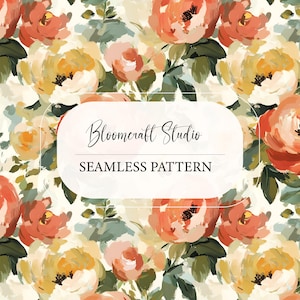 May include: A seamless floral pattern featuring watercolor-style flowers in shades of peach, yellow, and green on a cream background. The text "Bloomcraft Studio" and "Seamless Pattern" are displayed in a white frame.