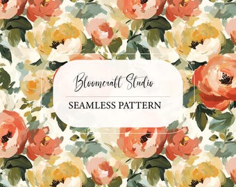 Warm Autumn Floral Seamless Pattern with Hand Painted Peach, Yellow and Coral Flowers, Elegant Botanical Repeat Design