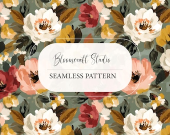 Seamless Floral Pattern Sage Green | Autumn Painted Botanical Digital Paper | Repeating Flower Design for Fabric & POD
