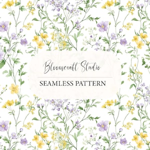 May include: A seamless floral pattern featuring yellow and purple wildflowers with green stems and leaves on a white background. The text "Bloomcraft Studio" and "SEAMLESS PATTERN" are displayed in a white rectangle.
