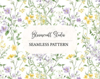 Wildflower Seamless Pattern, Watercolor Meadow Floral Digital Paper, Yellow Purple Botanical Background for Fabric, Wallpaper