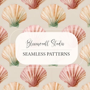 May include: Watercolor seashell pattern in shades of peach, pink, and tan. The design features multiple seashells with green accents, arranged on a neutral background. The text "Bloomcraft Studio SEAMLESS PATTERNS" is displayed in a white rounded rectangle.