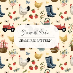 Könnte beinhalten: Ein nahtloses Muster mit Aquarellillustrationen von Hühnern, Erdbeeren, Schmetterlingen, Bienen, roten Traktoren und blauen Gummistiefeln auf cremefarbenem Hintergrund. Der Text "Bloomcraft Studio" und "Seamless Pattern" ist ebenfalls enthalten.