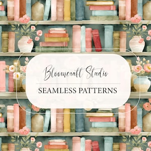 May include: Watercolor illustration of a bookshelf filled with books in shades of pink, blue, and yellow. The image features vases with flowers and the text "Bloomcraft Studio SEAMLESS PATTERNS" in a decorative font.