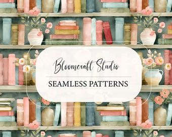 Watercolor Bookshelf Seamless Pattern Vintage Books Floral Library Design Cozy Reading Aesthetic Digital Paper Fabric Wallpaper