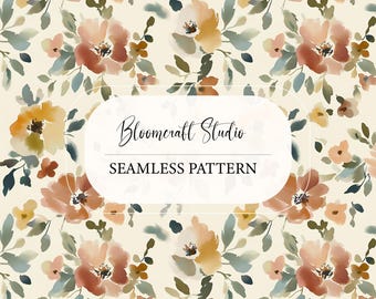 Soft Watercolor Floral Seamless Pattern, Elegant Neutral Botanical Flowers, Romantic Vintage Digital Paper for Fabric, Wallpaper