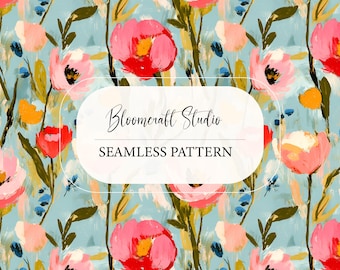 Hand Painted Floral Seamless Pattern, Artistic Botanical Digital Paper, Modern Flower Fabric Design, Spring Summer Wallpaper JPG