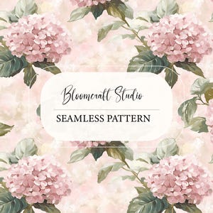 May include: Seamless pattern featuring pink hydrangea flowers and green leaves on a soft pink background. The design includes the text "Bloomcraft Studio" and "Seamless Pattern" in a white oval.
