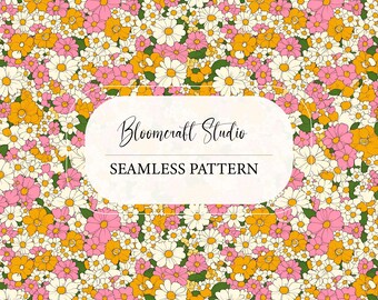 Seamless Floral Daisy Pattern, Vintage Wildflower Meadow, Pink Yellow White Flowers, Cottagecore Fabric, Wallpaper, Digital Paper