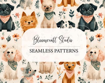 Cute Dog Seamless Pattern Watercolor Puppies Digital Paper Nursery Animal Print Pet Fabric Design Kids Background Puppy Clipart