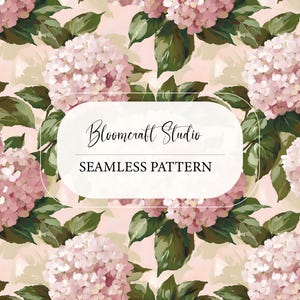 May include: Seamless pattern featuring pink hydrangea blooms and green leaves on a light pink background. The design includes the text "Bloomcraft Studio" and "Seamless Pattern" in a white oval.