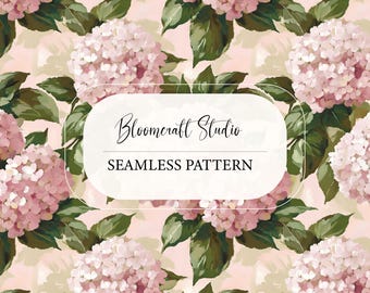 Seamless Hydrangea Pattern Pink | Painted Floral Digital Paper | Romantic Botanical Repeating Design for Fabric & Wallpaper