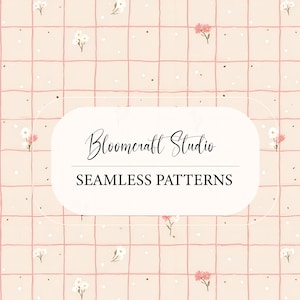 May include: A seamless pattern design featuring a grid of light pink lines on a beige background, adorned with small floral illustrations. The text "Bloomcraft Studio" and "SEAMLESS PATTERNS" are displayed on a white rounded rectangle.
